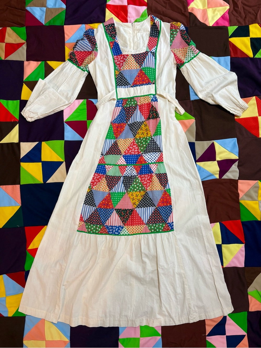 1970s Patchwork Boho Prairie Maxi Dress